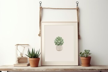 Home interior poster mock up with vertical metal frame, succulents in basket, pile of books and macrame plant hanger on white wall background. 3D rendering