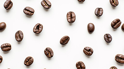 Coffee beans artfully arranged on the white background create a mesmerizing pattern tile to repeat seamlessly 