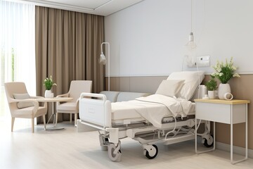 Hospital room with beds .Empty bed and wheelchair in nursing a clinic or hospital .3d rendering room and comfortable sofa