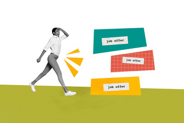 Picture collage artwork of positive glad person going looking job offer isolated on drawing background