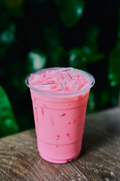 Iced Pink Milk sweet drink.
