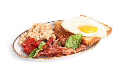 Plate of tasty English breakfast with fried egg on white background
