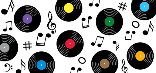 Vinyl or Lp icon. Music staff and note. dj symbol. retro vinyl record album. Old music plate. Phonograph, audio disk for turntable. Music player, analog music recording. Gramophone label and badge. - obrazy, fototapety, plakaty