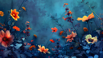 flowers in a garden on a blue background in the style - obrazy, fototapety, plakaty