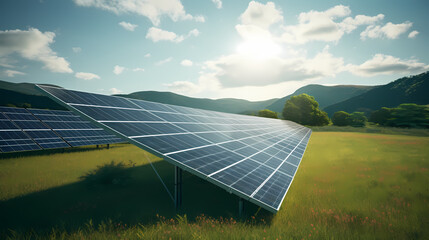 Solar panels illuminated by bright sunlight, photovoltaic background