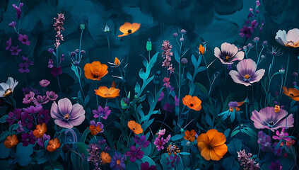 Fototapeta na wymiar flowers in a garden on a blue background in the style