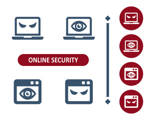 Online security icons. Internet security, virus, antivirus, laptop, computer, spyware, danger, website, webpage icon