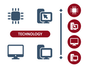 Technology icons. Device, processor, microprocessor, PC, computer, desktop, screen, monitor icon