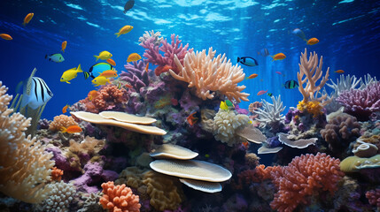 Naklejka na ściany i meble Coral reef system marine life. Nemo fish and vibrant coral formation.