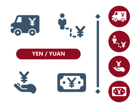 Yen, Yuan icons. Armored truck, job, career, businessman, wealth, hand, Yen, Yuan bill, cash, money icon