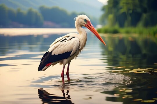 A beautiful stork is standing on the lake putting its beak in the water