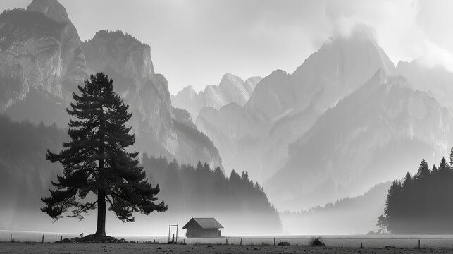 A pine tree next to a house in the mountains, black and white image