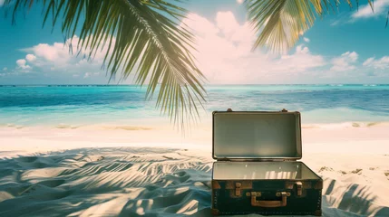 Fotobehang a tropical paradise with the captivating composition of an opened vintage suitcase, with clear white inner © boti1985