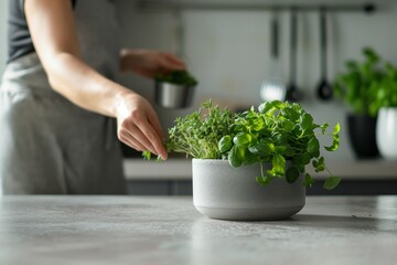 A person's hands are carefully tending to lush green herbs growing in stylish concrete pots on a kitchen countertop