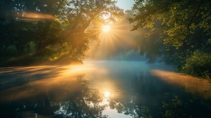 Beautiful lake with fog at sunrise with the sun in the background in high resolution and high quality. Beautiful landscape concept in Europe, America, Asia, Oceania