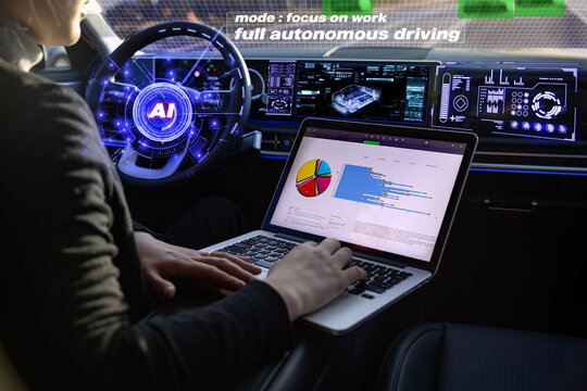 자동차에서 자율주행으로 운행중에 랩탑을 이용하여 업무중인 여성 운전자(홀로그램 합성)