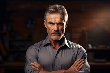 Middleaged man with serious expression arms folded. Concept Middleaged man, serious expression, arms folded - obrazy, fototapety, plakaty