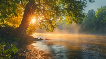 Beautiful lake with fog at sunrise with the sun in the background in high resolution and high quality. Beautiful landscape concept in Europe, America, Asia, Oceania, Latin America, United States