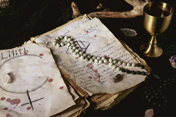 Witch's magic attributes with spell book on dark table, closeup
