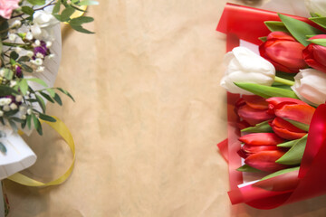 Flowers copy space top view. Composition with flowers and rope 