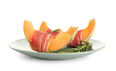 Plate of delicious melon with prosciutto and rosemary on white background