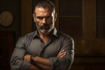 Obraz premium Serious middle-aged man with arms folded. Concept Portrait Photography, Serious Expression, Middle-Aged, Arms Folded, Professional Headshot