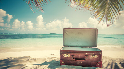 a tropical paradise with the captivating composition of an opened vintage suitcase, with clear white inner - obrazy, fototapety, plakaty