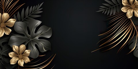 Luxury floral background with golden and black palm, monstera leaves on black background