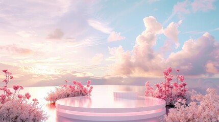 A natural beauty podium creates a captivating setting for showcasing products against a dreamy sky background