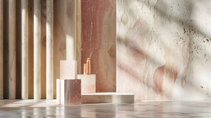 Natural beauty podium backdrop featuring an empty cube box for displaying cosmetic products