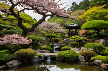 Japan’s Springtime Tranquility: Zen Aesthetics in a Blossoming Garden Landscape, generative AI