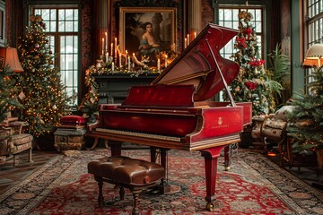 luxury Vintage christams room with red grand-piano