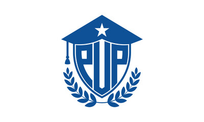 PUP three letter iconic academic logo design vector template. monogram, abstract, school, college, university, graduation cap symbol logo, shield, model, institute, educational, coaching canter, tech
