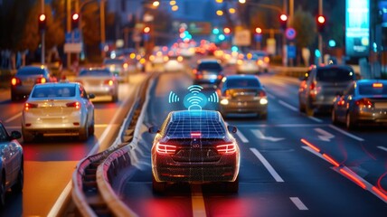 Self-driving car with futuristic interface interacting with urban infrastructure, like traffic lights and signage, for a seamless and efficient journey