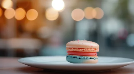 Foto op Plexiglas A colorful macaron on a delicate plate, Stack of macaron, macaroon French cookie, Parisian macaron, generative ai © OP38Studio