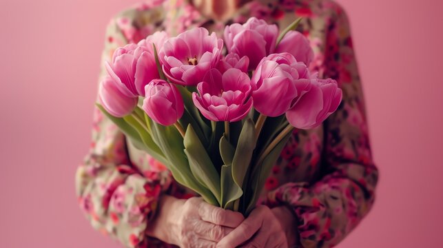 Happy Mother's day. Grandmother hands holding a bouquet of tulips. Ai generated image