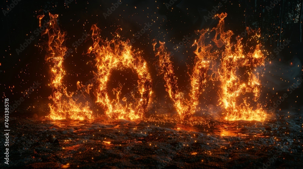 Poster love fires engulfing the darkness, creating a striking visual effect. the flames radiate a warm glow