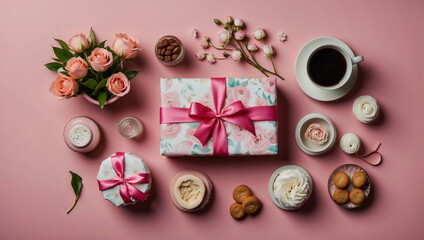 Stilvolles Muttertagsgeschenk mit Blumen und Kaffee - Perfektes Flatlay auf rosa Hintergrund