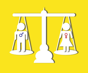 gender equality concept with scale and gender symbol with yellow background - obrazy, fototapety, plakaty