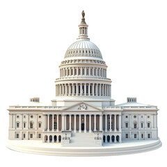 3D rendered white Capitol Building on transparent background, neoclassical architecture.