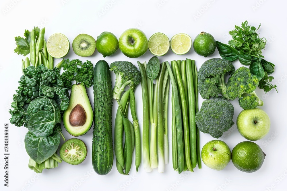 Poster a group of green fruits and vegetables meticulously arranged in the shape of a rectangle, featuring 