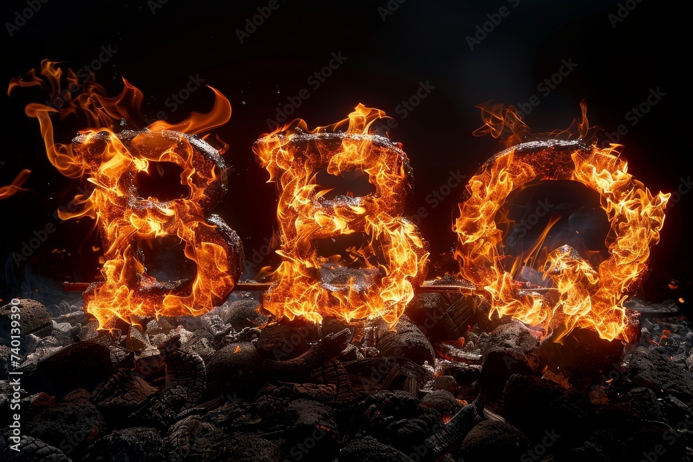 Aufkleber word bbq spelled out in flames on a pile of rocks. the fiery letters create a striking contrast agai