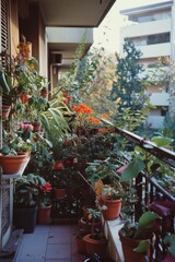 Fototapeta na wymiar Cozy Balcony Garden Oasis in Urban Setting