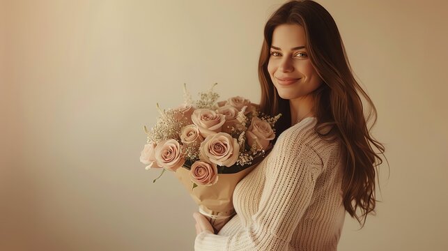 Happy Mothers day. Beautiful pregnant woman holding a bouquet of flowers. Ai generated image