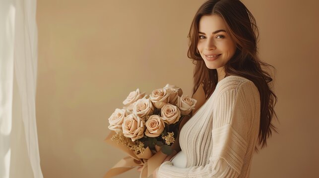 Happy Mothers day. Beautiful pregnant woman holding a bouquet of flowers. Ai generated image