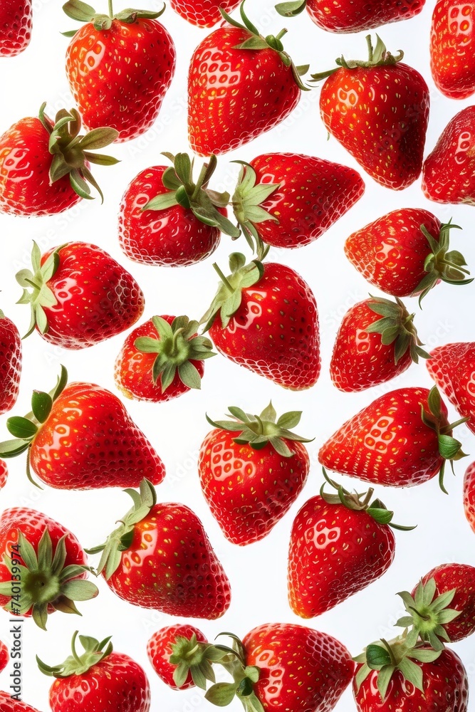 Poster collection of ripe strawberries arranged neatly on a plain white background