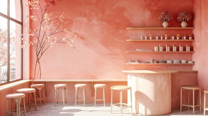 Interior of modern cafe with pink walls, concrete floor, round wooden tables and bar chairs.