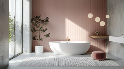 Fototapeta na wymiar Interior of modern bathroom with pink walls, concrete floor, white bathtub standing near window and plant.