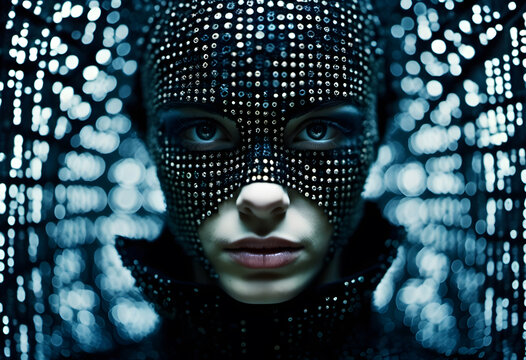 Woman with futuristic black mask with glowing dots, mysterious and cyberpunk concept.
