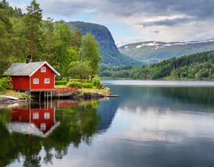Obraz premium Red house on a lake in Scaninavia